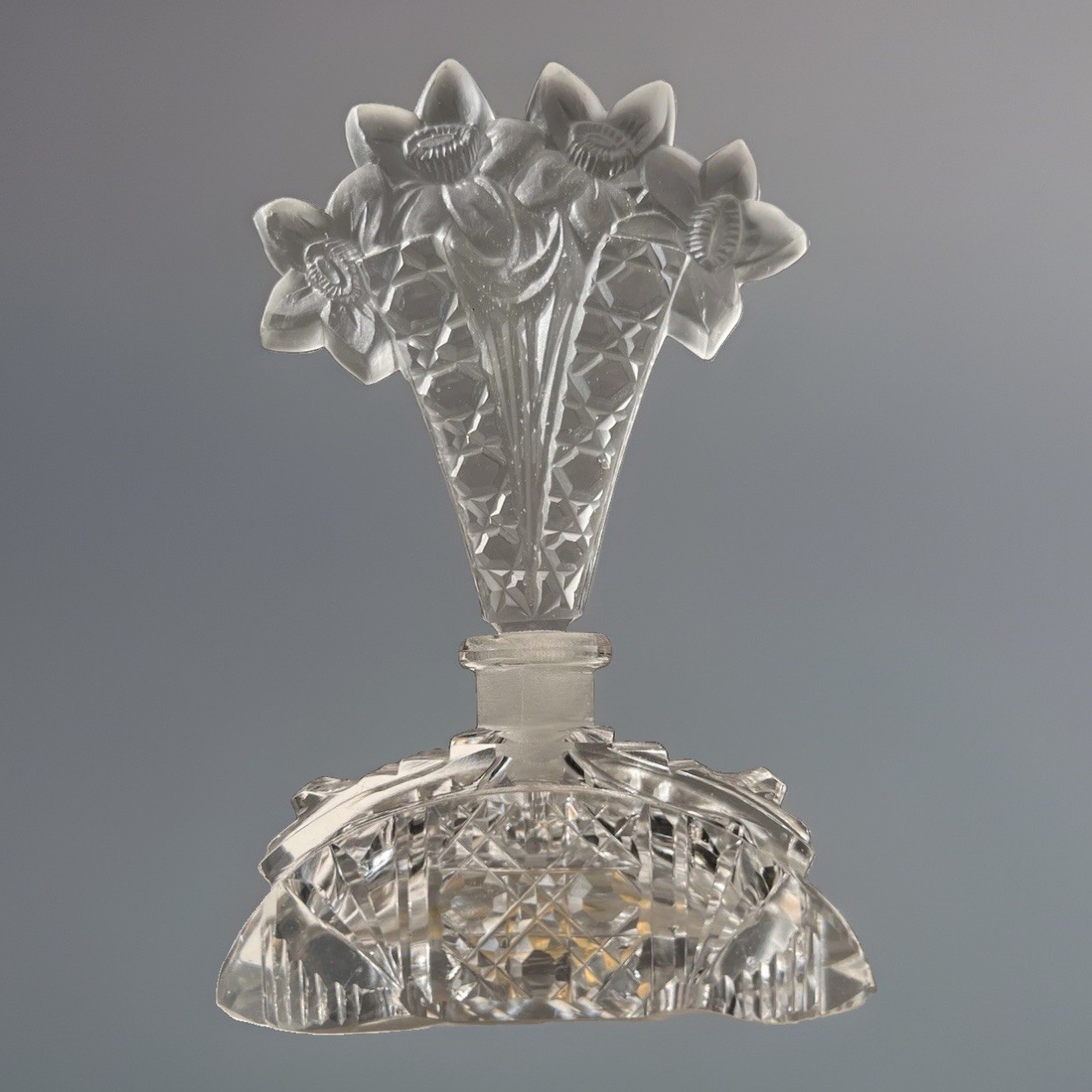 Vintage IRICE Czech Cut Crystal Perfume Bottle Frosted Daffodil Stopper Label