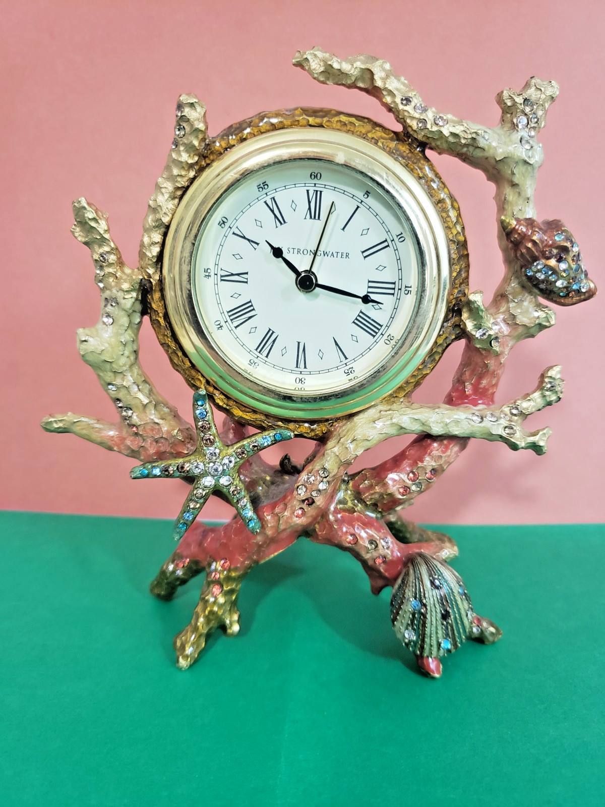 JAY STRONGWATER CORAL ENAMELED ALARM CLOCK NEVER USED JAY STRONGWATER CORAL ENAMELED ALARM CLOCK NEVER USED