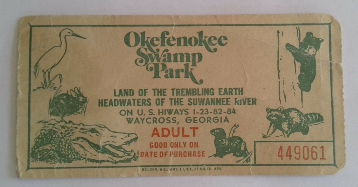 Okefenokee Swamp Park Waycross Georgia Vintage Admission Ticket
