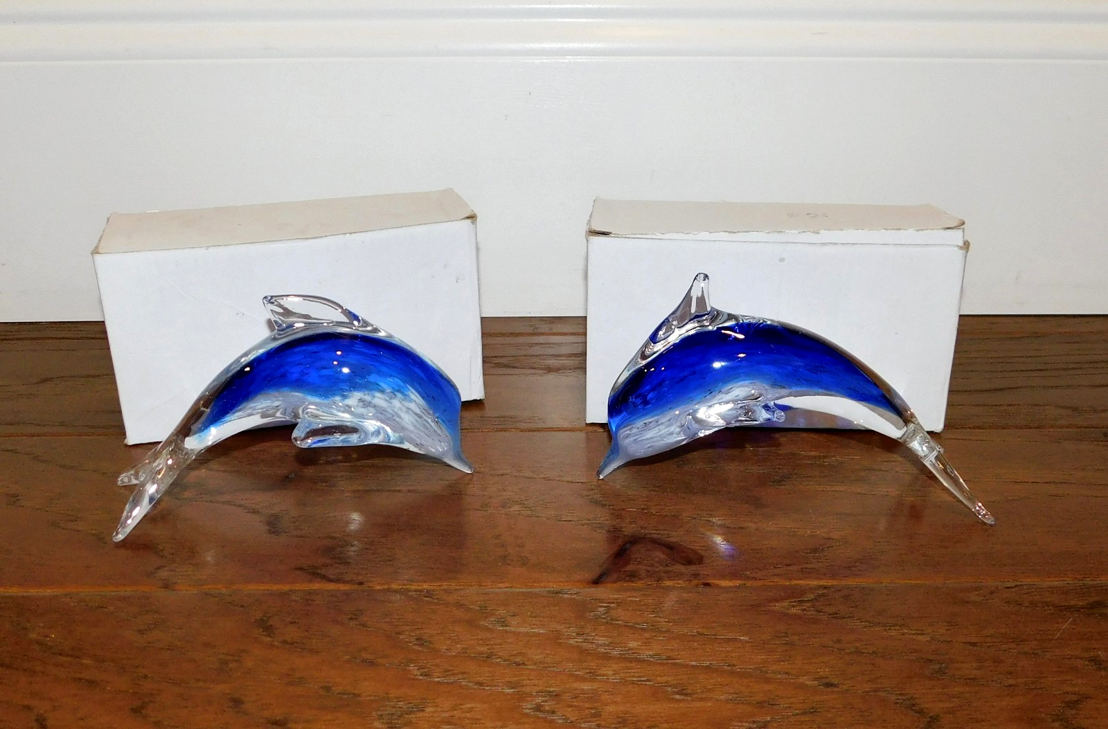 SET 2 Murano Style Cobalt Blue Glass Dolphin Paperweight Sculpture Figurine