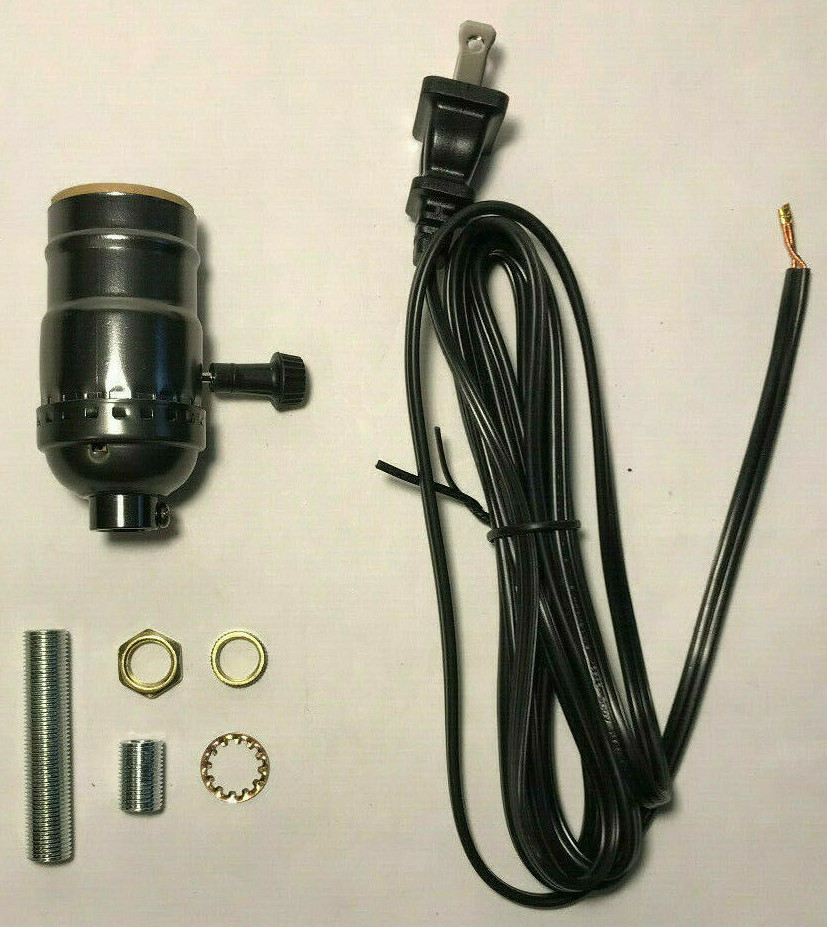 New, Vintage Table Lamp Rewiring Kit, Antique Bronze 3-Way Socket, Black Cord