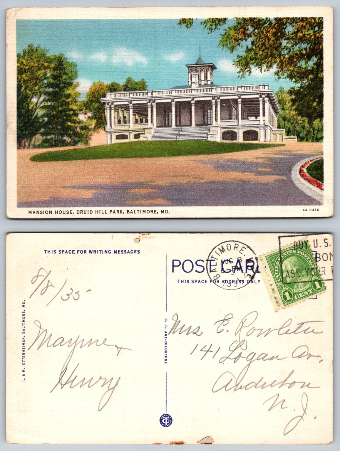 1935 Mansion House Druid Hill Park Baltimore MD Postcard Posted C.T 1935 Mansion House Druid Hill Park Baltimore MD Postcard Posted C.T