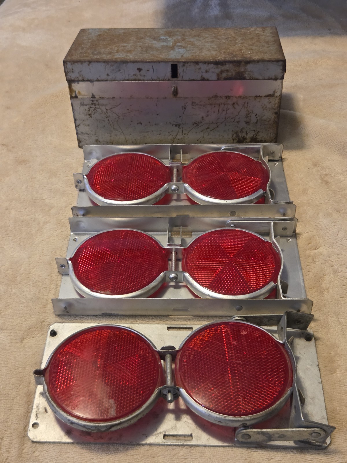 Vintage Stratolite No 38 Roadside Reflector Set of 3 Metal Box 1950s Auto Safety