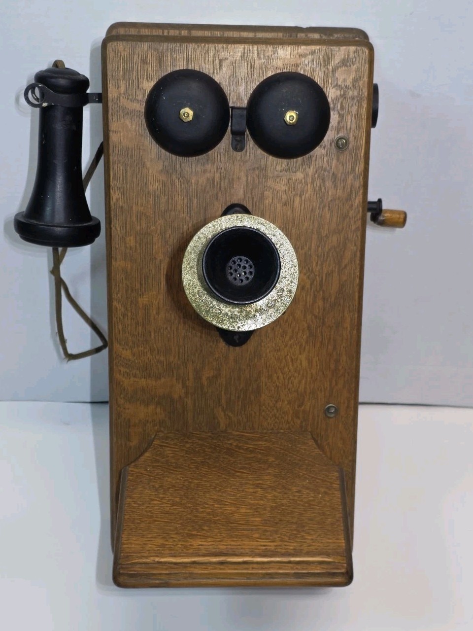 Antique 1900's Leich Electric Co. Genoa, IL Hand Crank Wall Telephone Solid Oak