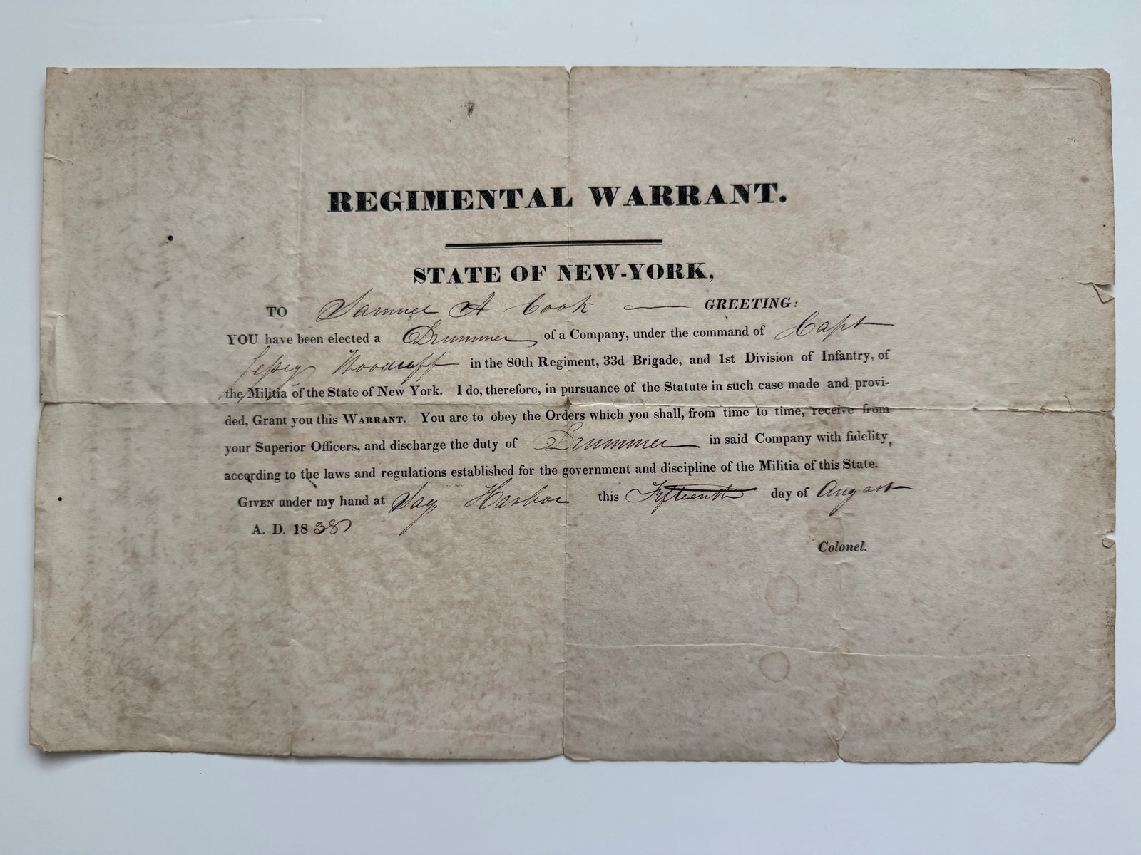 1838–1844 New York State Militia Documents — Samuel H. Cook, Musician & Drummer