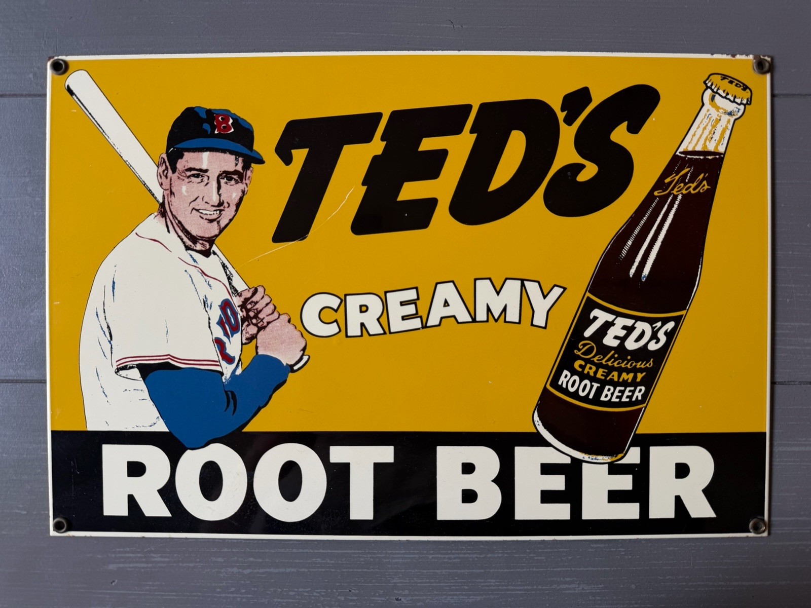 Vintage Ted's Creamy Root Beer Porcelain Enameled Metal Sign Baseball 15x10