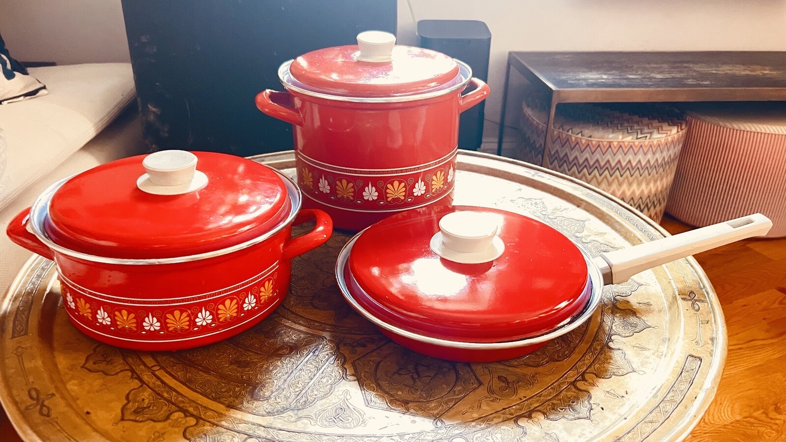 Lot 3 Vintage Enamel Iron Pans,motif Retro Midcentury Danish Scandinavian B3/D Lot 3 Vintage Enamel Iron Pans,motif Retro Midcentury Danish Scandinavian B3/D