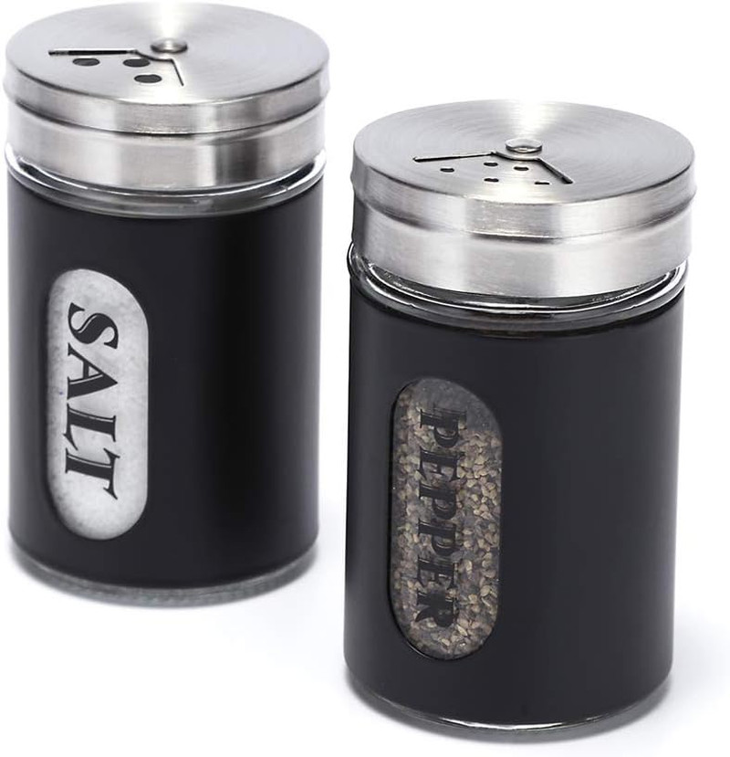 Salt and Pepper Shakers Stainless Steel and Glass Set with Adjustable Pour Holes