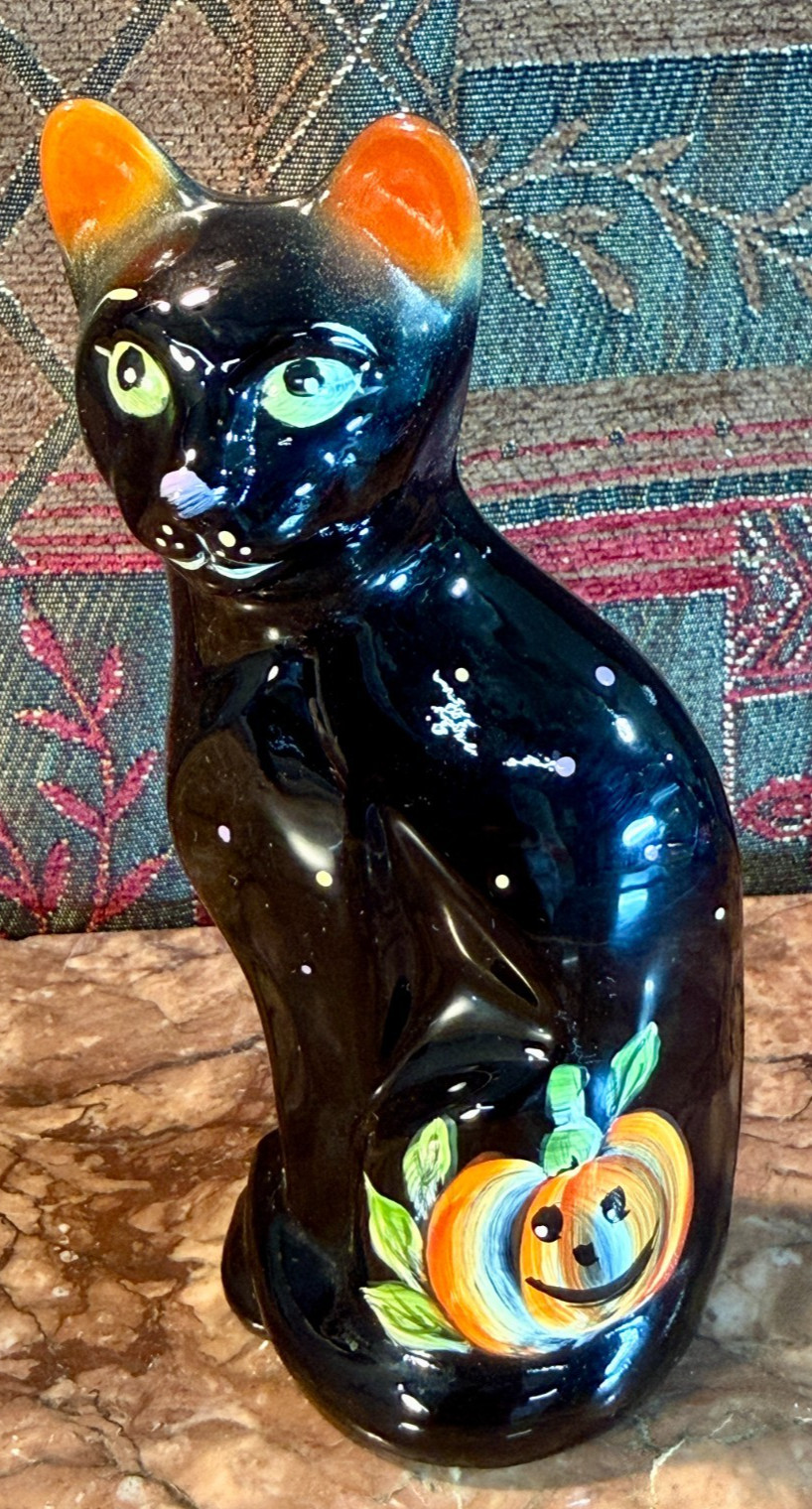 FENTON ART GLASS Hand Painted C.  Smith BLACK CAT Halloween RARE and BEAUTIFUL