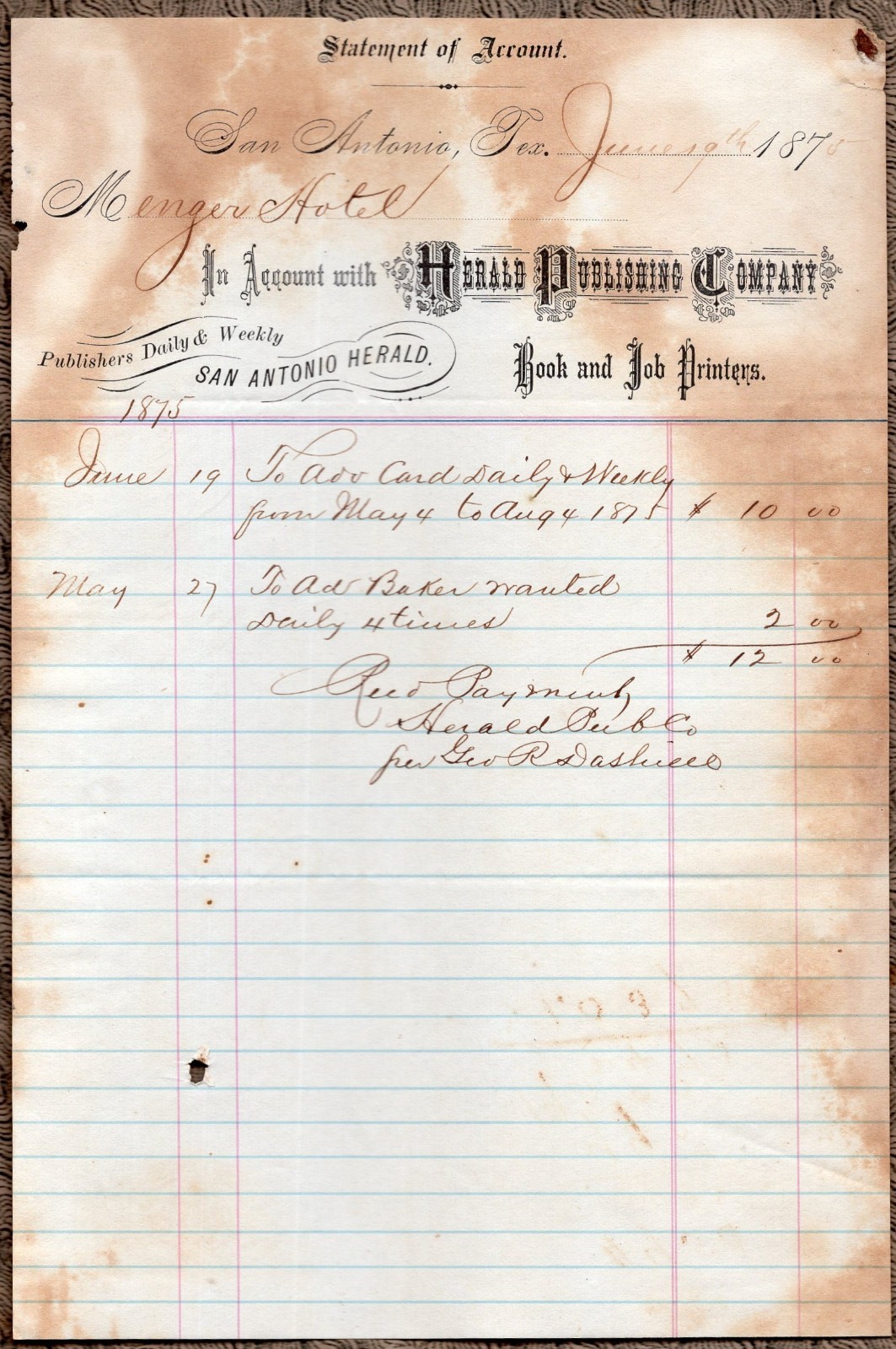 1875 San Antonio Texas Herald Publishing Printers Statement Menger Hotel