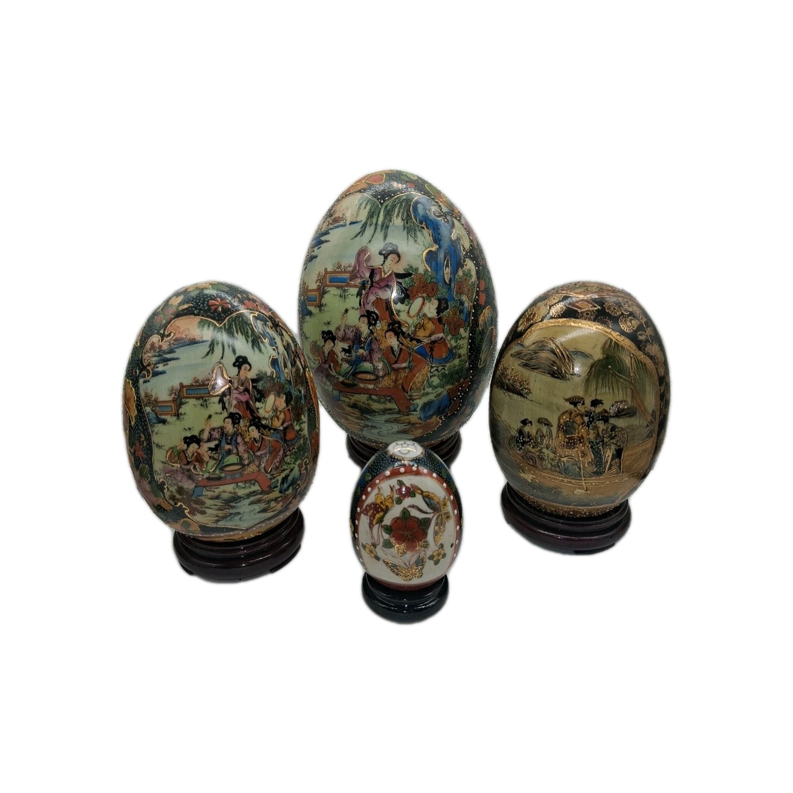 Vintage K.O.K. Satsuma Made in China Egg Figurine Set Wood Stand Geisha Scene
