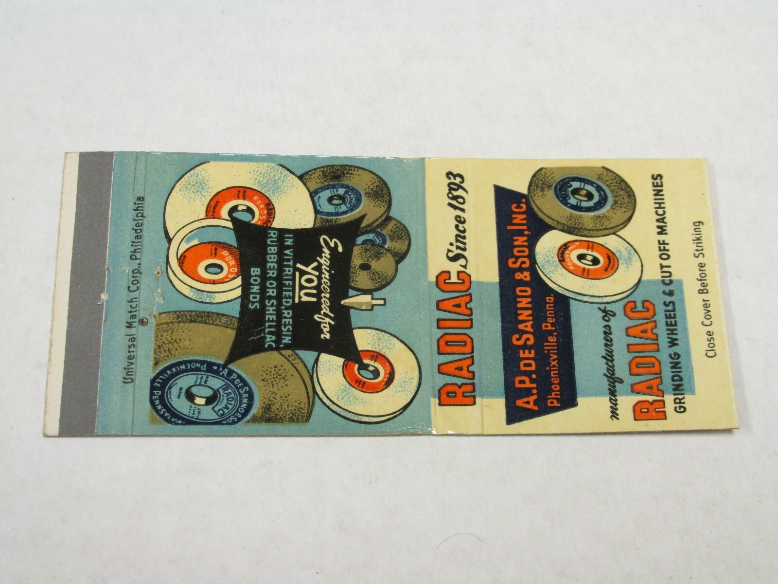 AH190 Matchbook Cover Radiac Phoenixville PA Pennsylvania Grinding wheels