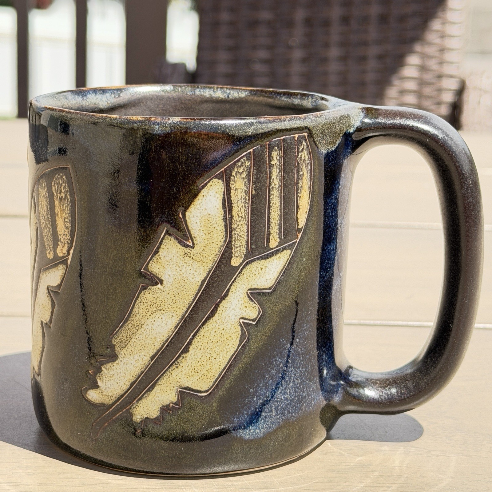 Vtg Mara Pottery Mug Handmade Mexico Hand Signed [Feather] Ceramic Stoneware Art