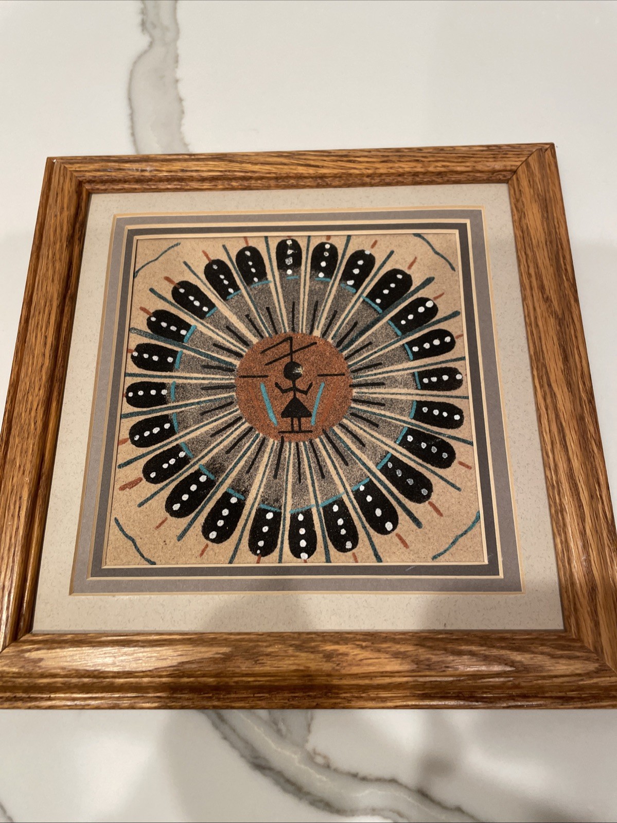 Native American Sand Painting, Sun Symbol, Made with Natural Pigments signed 9.5 Native American Sand Painting, Sun Symbol, Made with Natural Pigments signed 9.5