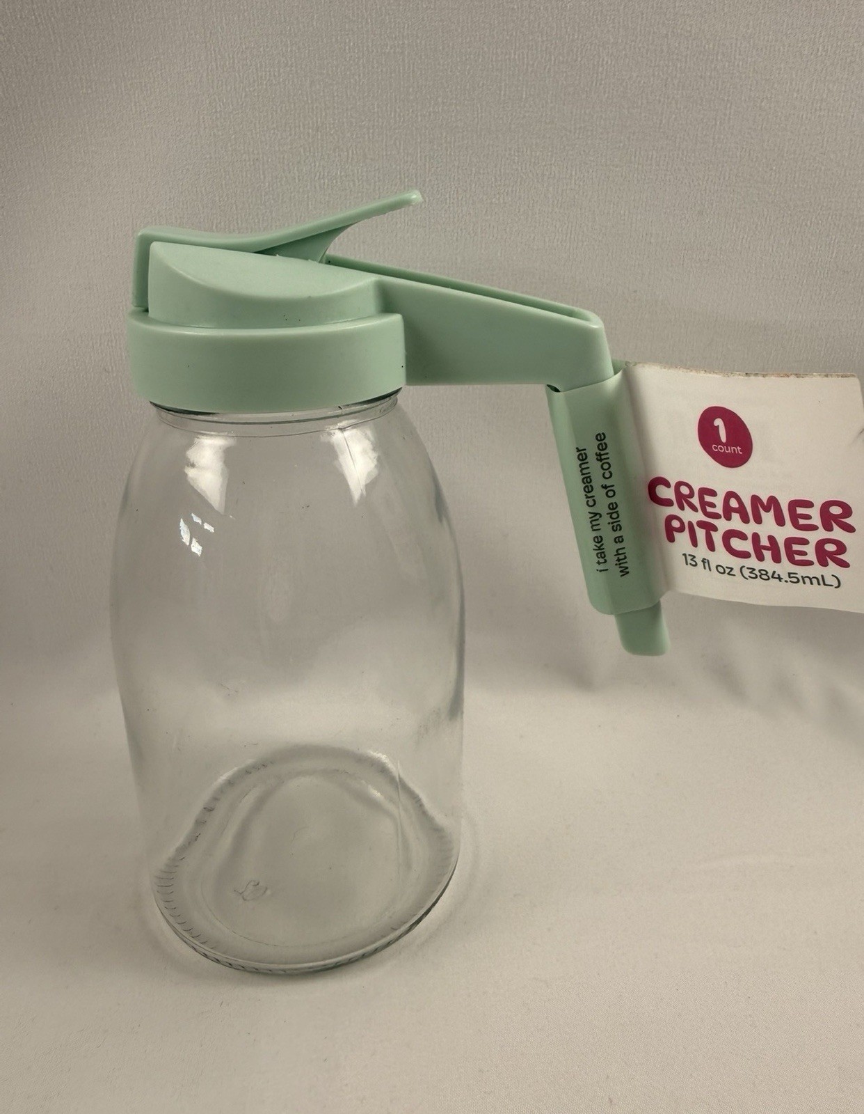 VINTAGE Clear Glass Syrup Dispenser Carafe Creamer Green Plastic Flip Top Handle