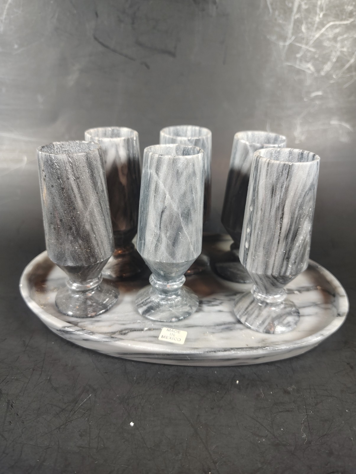 Vintage Mexican Onyx Marble Shot Glass Set 6 + Tray Hand Carved Stone Barware