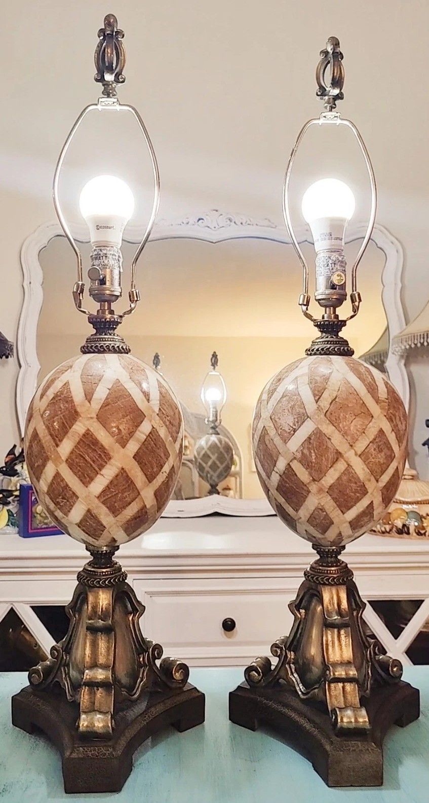 Pair of Vintage Neoclassical Table Lamps Marble Texture Tessellated Stone MCD