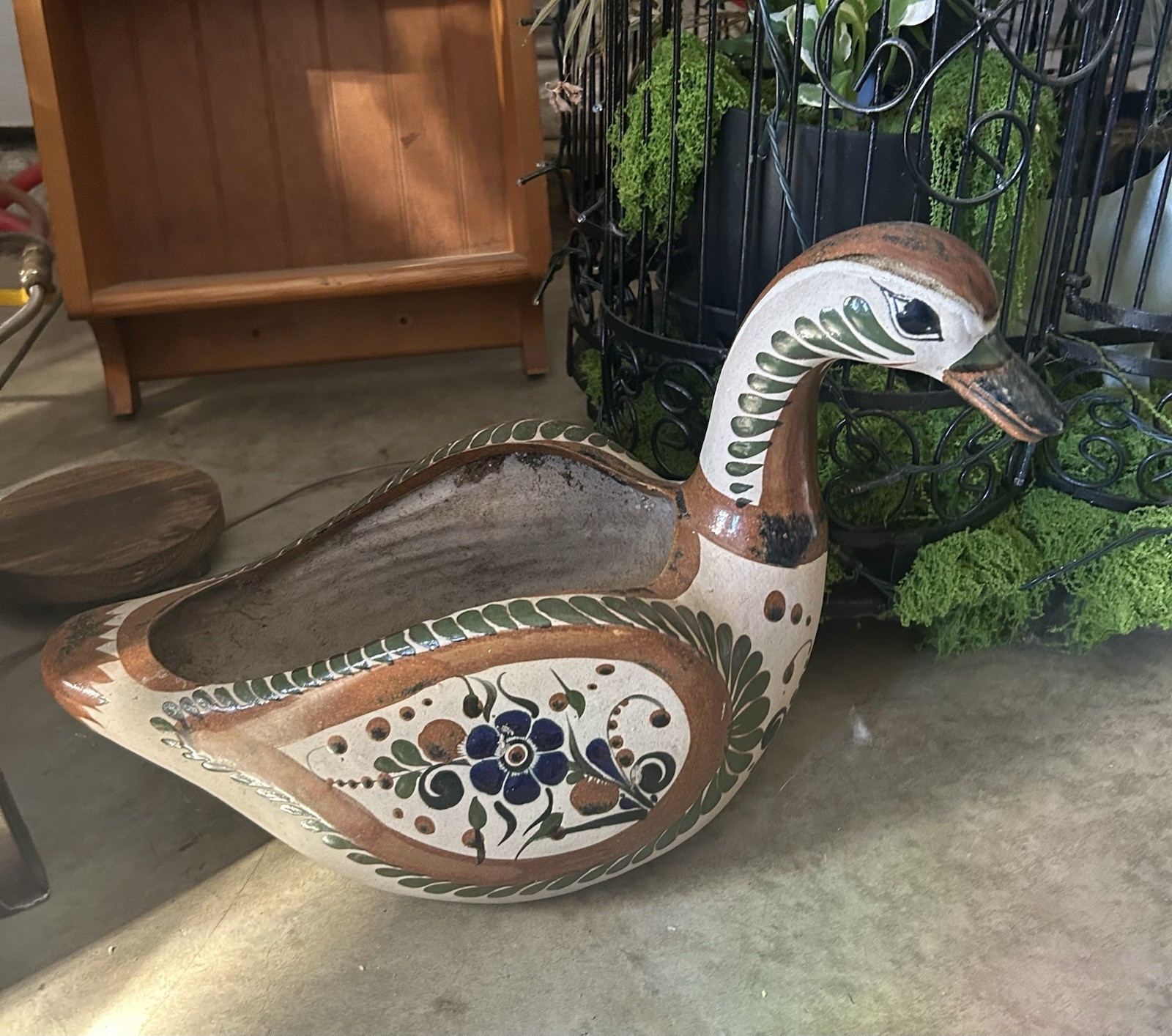 Vintage Signed Tonala Mexican Folk Art Pottery Duck Planter