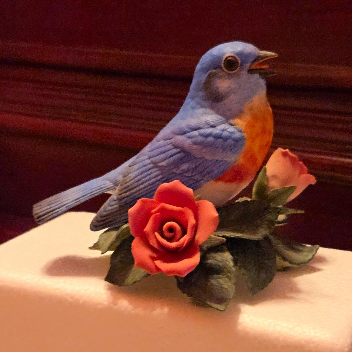 Painted Ceramic Bird Figurine on Flower Base w/ Pink Rose Blue Orange