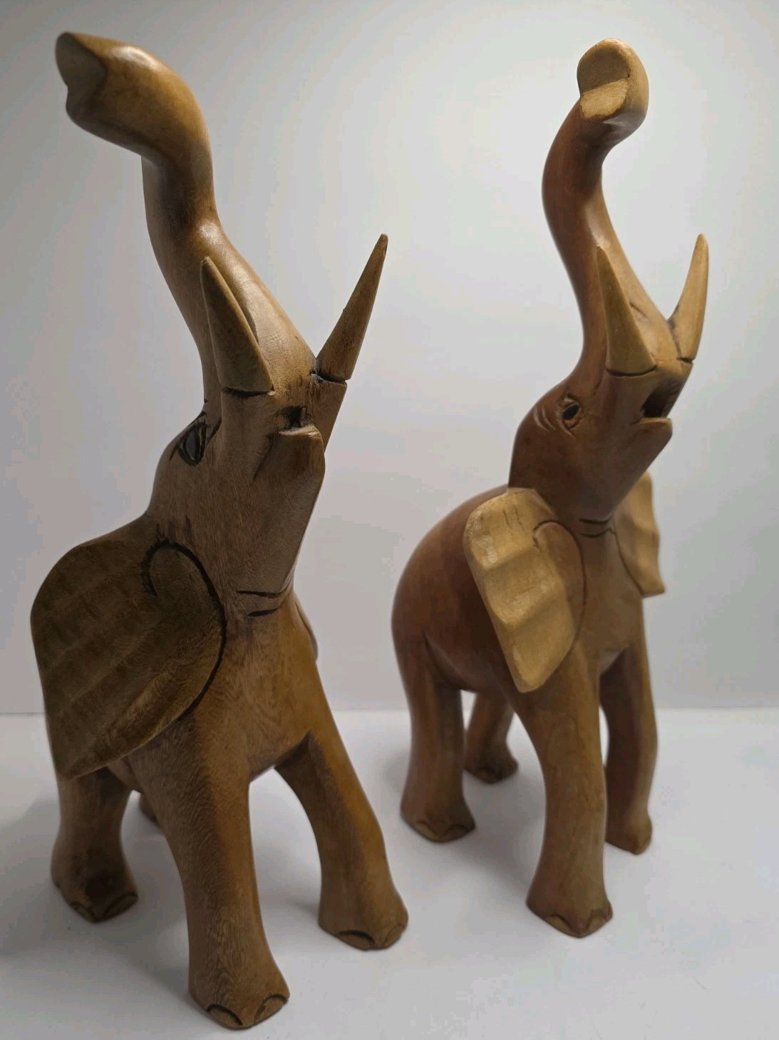Vintage Hand Carved Wooden Elephant Statues Matched Pair Raised Trunk Lucky Read
