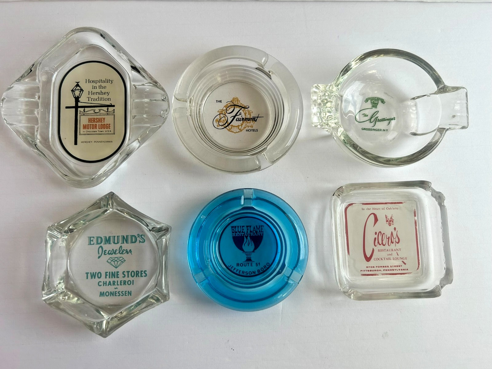 Variety Lot 6 Vintage Glass Ashtrays Pennsylvania Fairmont Blue Flame Grossinger Variety Lot 6 Vintage Glass Ashtrays Pennsylvania Fairmont Blue Flame Grossinger