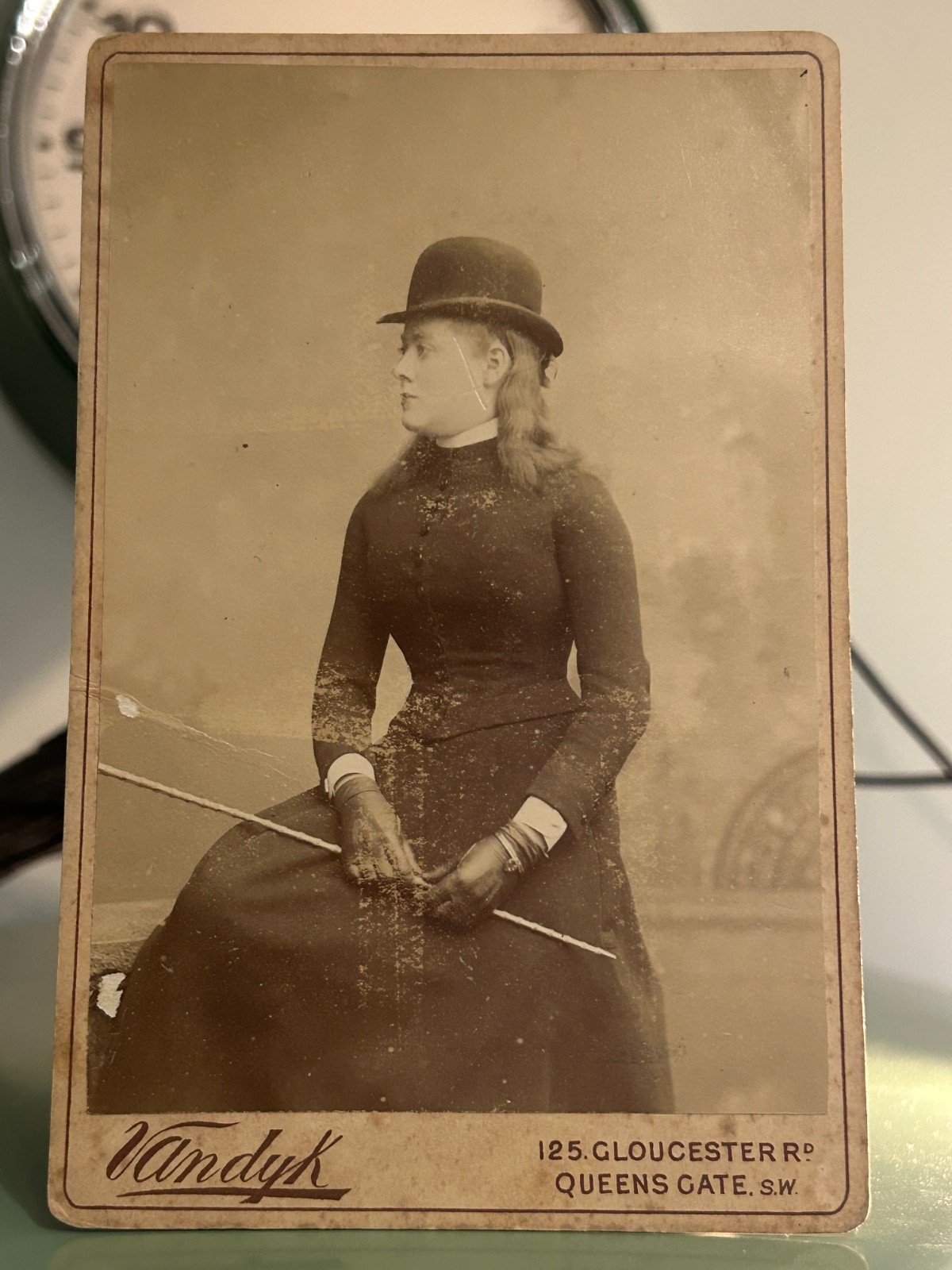 Vandyk London Equestrian Cabinet Card lady riding habit bowler hat antique photo