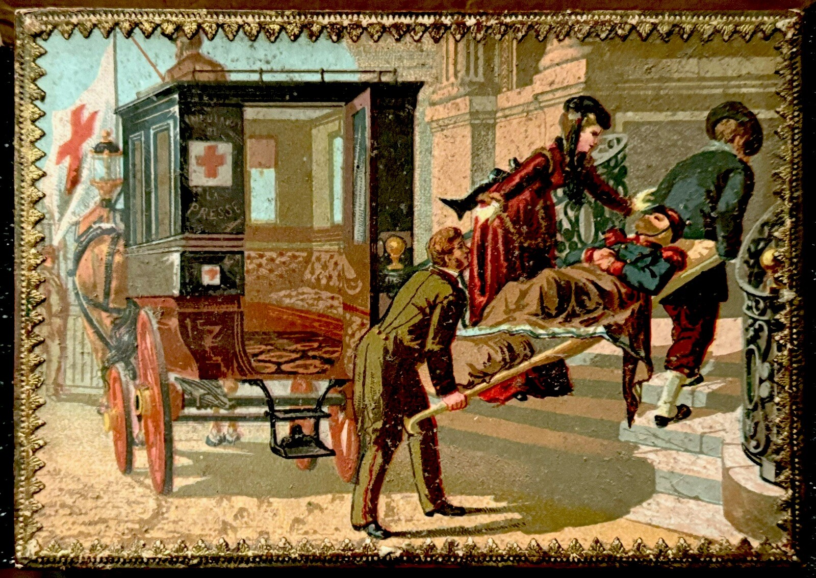 Rare c1870 French Red Cross Wartime Chocolate Box~Horse Drawn Ambulance~Hospital