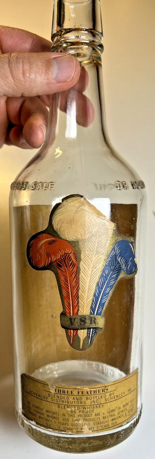 Antique 1943 Three Feathers VSR Whiskey Bottle Label Schenley Aladdin PA WWII