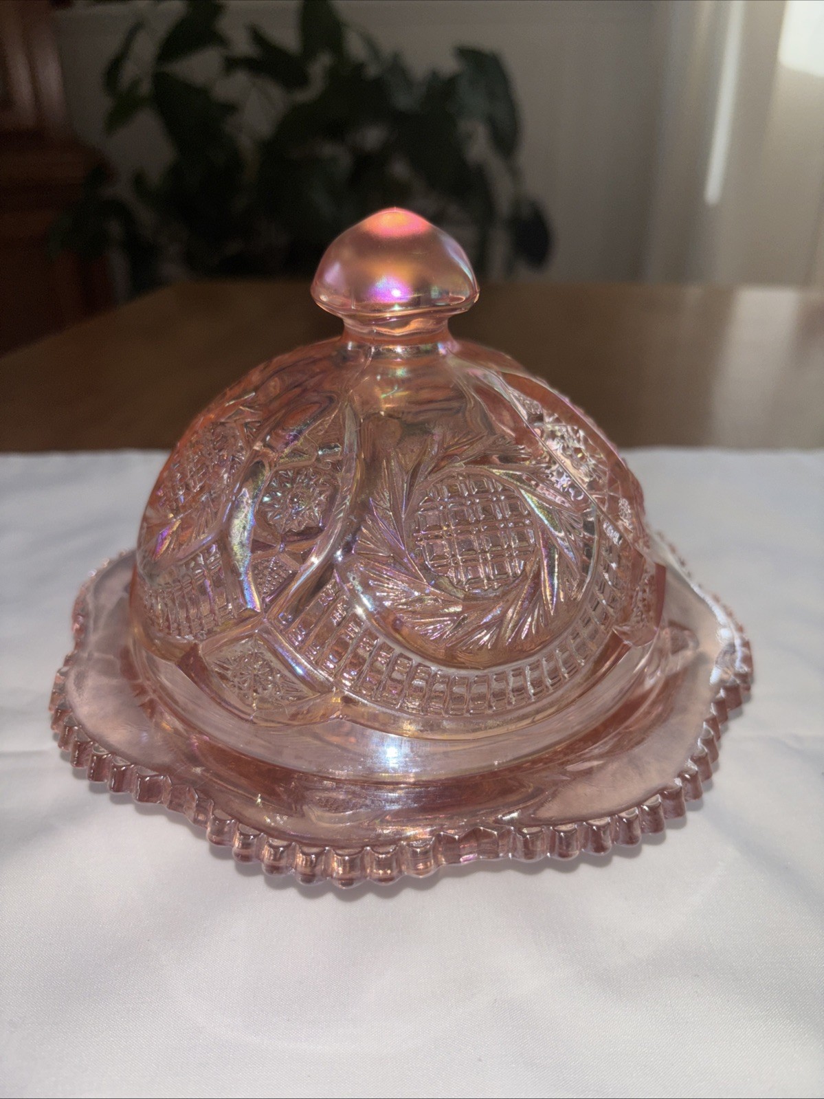Rare LE Smith Pink Iridescent Starburst Butter Cheese Dome Dish Stunning