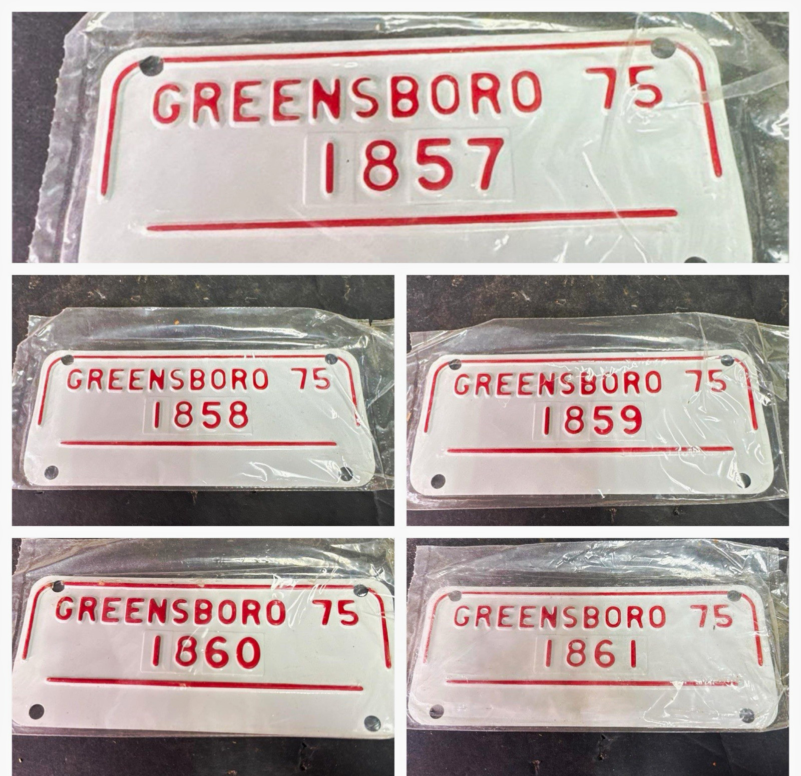 Vintage 1975 Greensboro NC Motorcycle License Plate NOS Sequential Set 1857-61