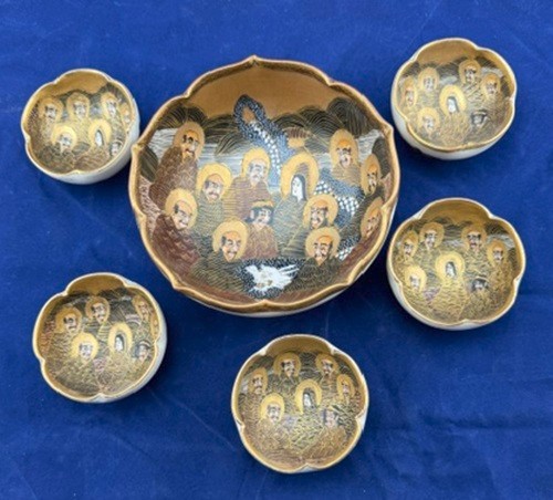 Antique Royal Satsuma Nut Bowl Set. Master Bowl and 5 Small Bowls