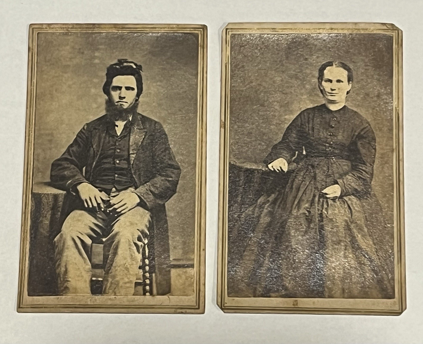 Antique Victorian CDV Photo Pair Bearded Man & Woman 19th Century Portraits