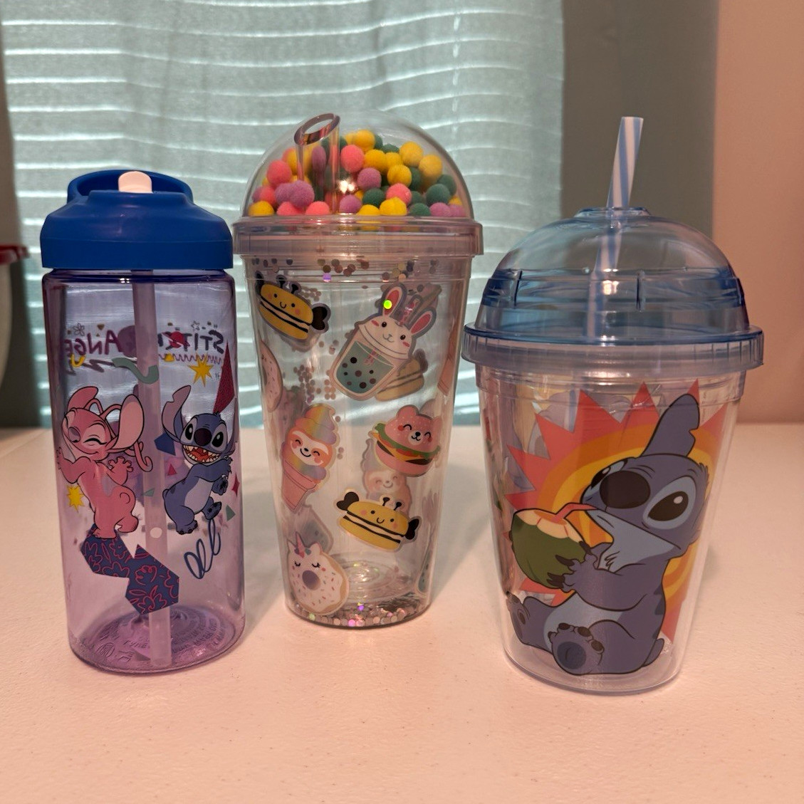 Disney Stitch Angel Water Bottle Tumbler Cup Lot of 3 Pom Pom Cup Disney Stitch Angel Water Bottle Tumbler Cup Lot of 3 Pom Pom Cup