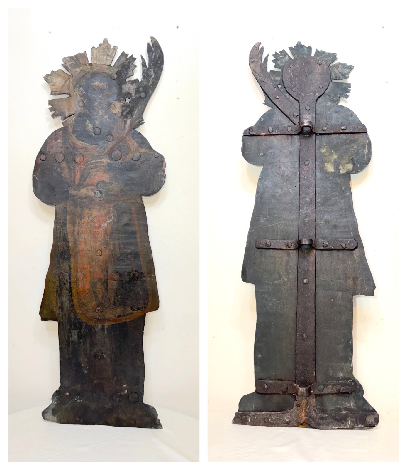 HUGE antique hand painted 17th century copper wrought iron religious sign statue HUGE antique hand painted 17th century copper wrought iron religious sign statue