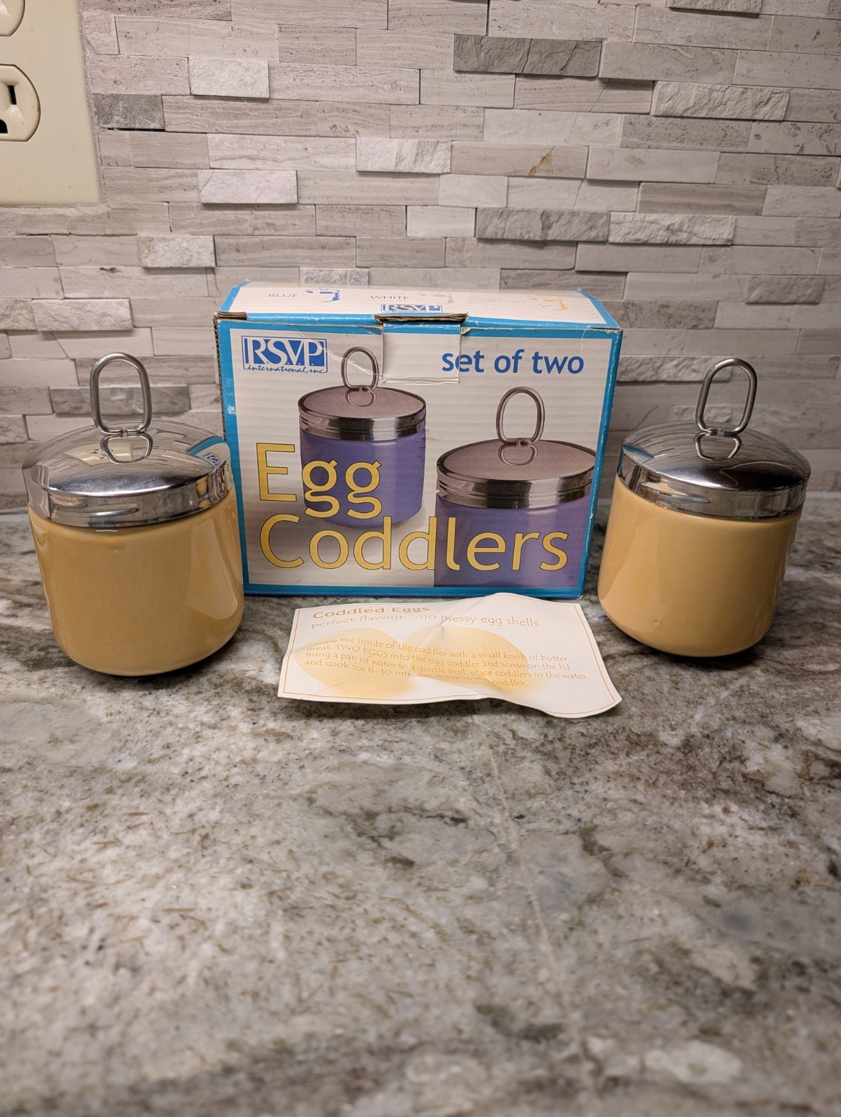 Vintage Egg Coddlers Set of 2 - RSVP Yellow W/ Metal Rim Lid - Porcelain- W/box Vintage Egg Coddlers Set of 2 - RSVP Yellow W/ Metal Rim Lid - Porcelain- W/box