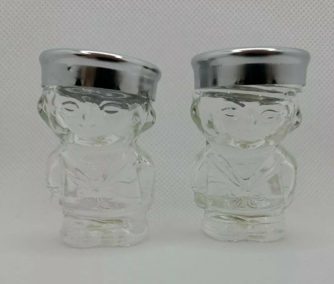 Vintage Clear Glass Sailor Boy Salt & Pepper Shaker Set Nautical Made In Japan 