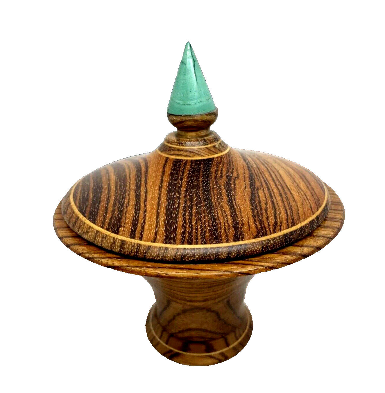 VTG Hand Turned Exotic Wood Lidded Bowl Green Finial Box Signed