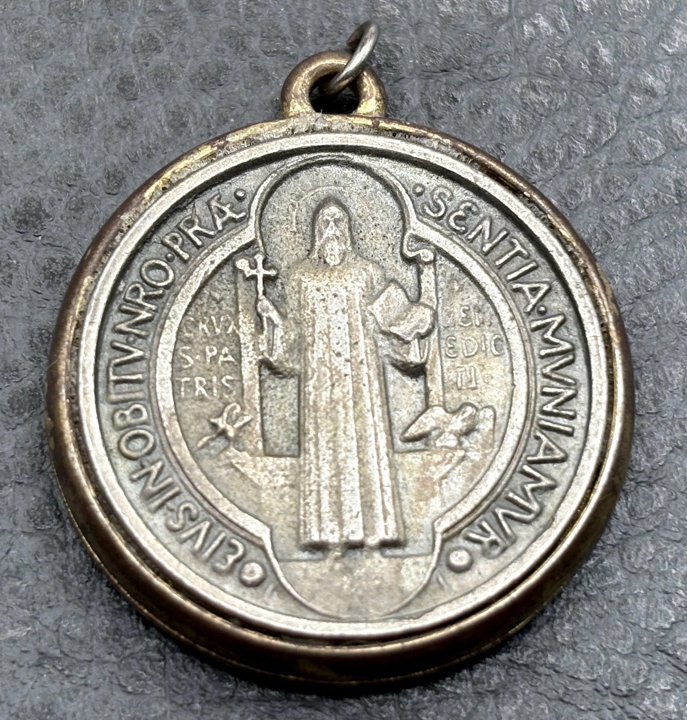 Vintage St. Benedict Medal Pendant Sentia Muniamur Silver Tone Brass Tone Vintage St. Benedict Medal Pendant Sentia Muniamur Silver Tone Brass Tone