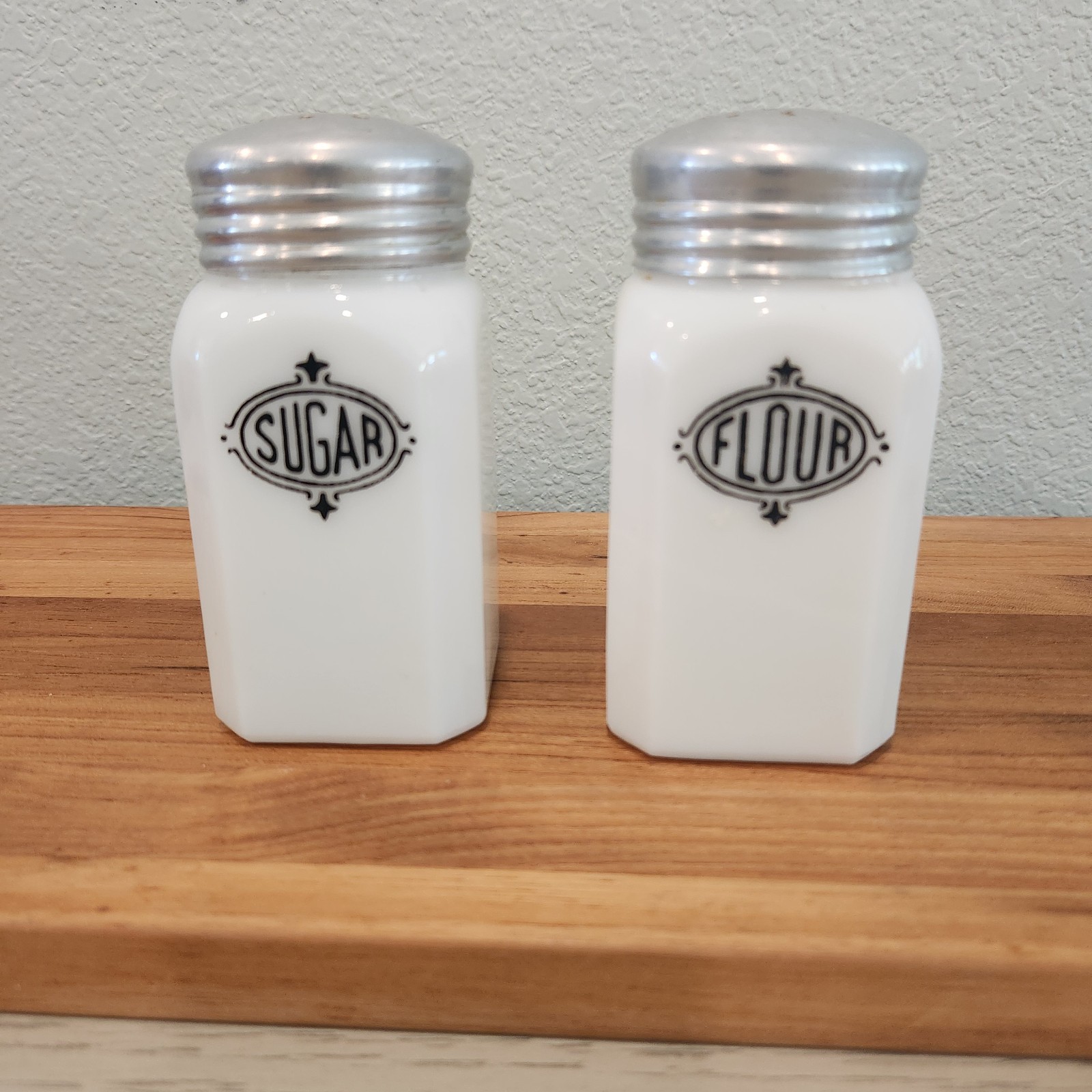 Vintage Hazel Atlas Sugar & Flour Shakers Black Art Deco Shield