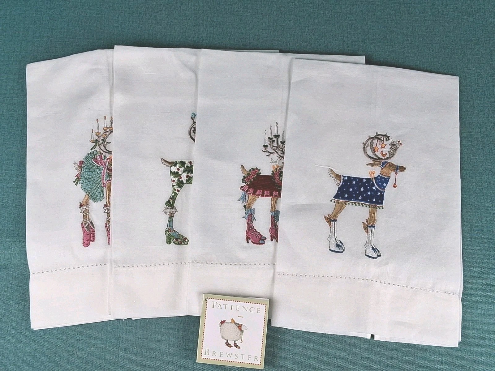 Dept 56 Patience Brewster Handcrafted White Linen Tea Towel Set of 4 ~ New