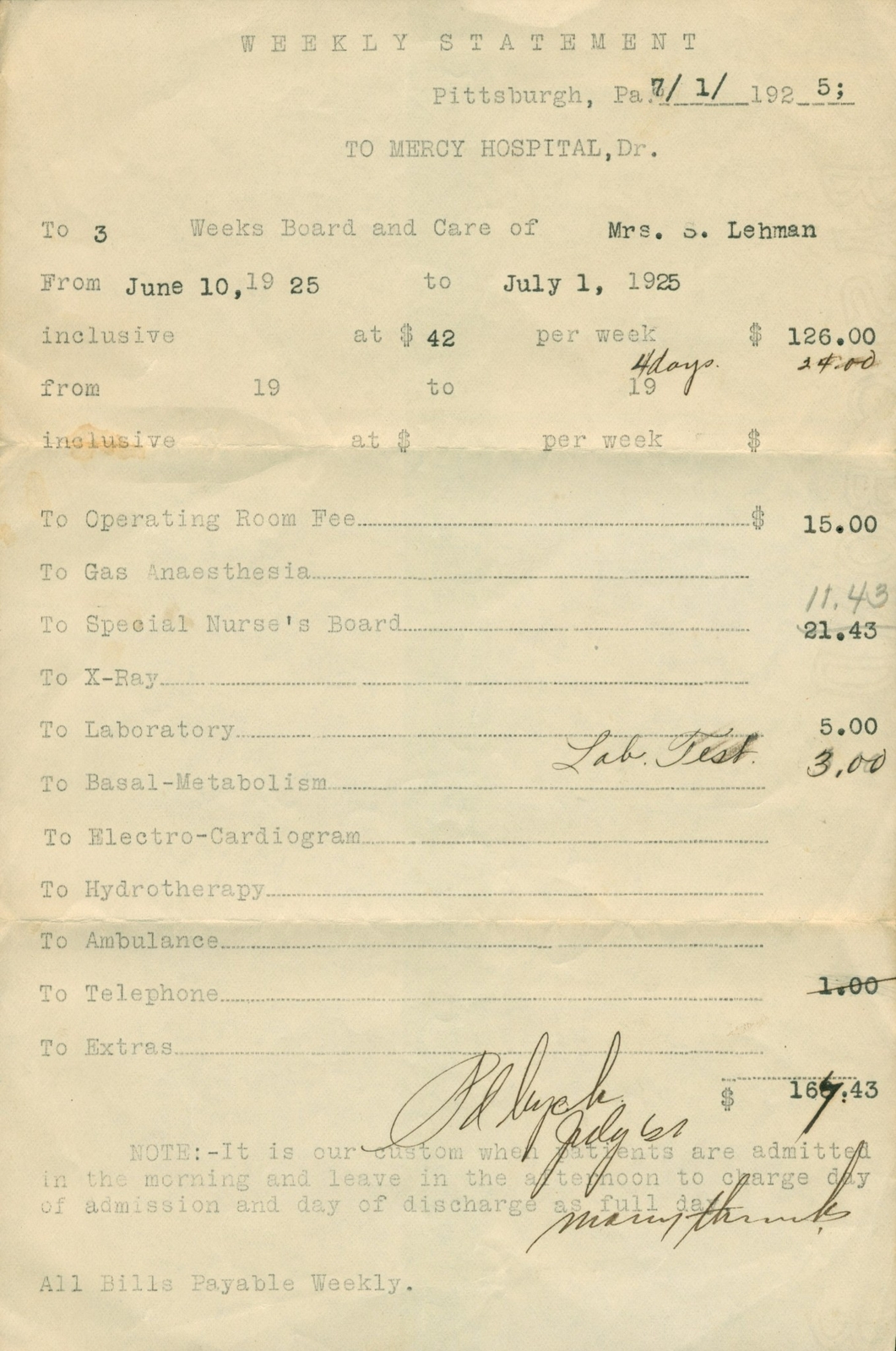 1925 Pittsburgh PA Mercy Hospital Statement Invoice Lehman Bill Medical