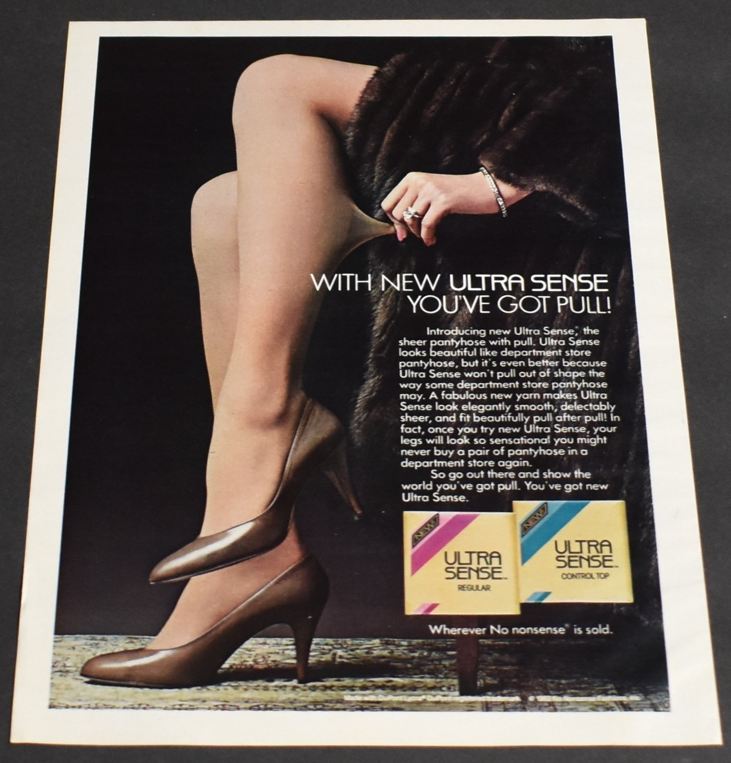 1982 Print Ad Sexy Fashion Legs Lady Heels Ultra Sense Pantyhose Fur Coat Beauty
