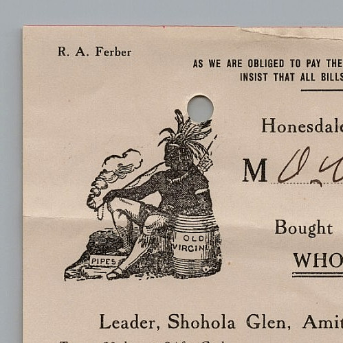 1914 billhead Ferber Bros. Tobacconists Indian Pipe Illustration, Honesdale, PA