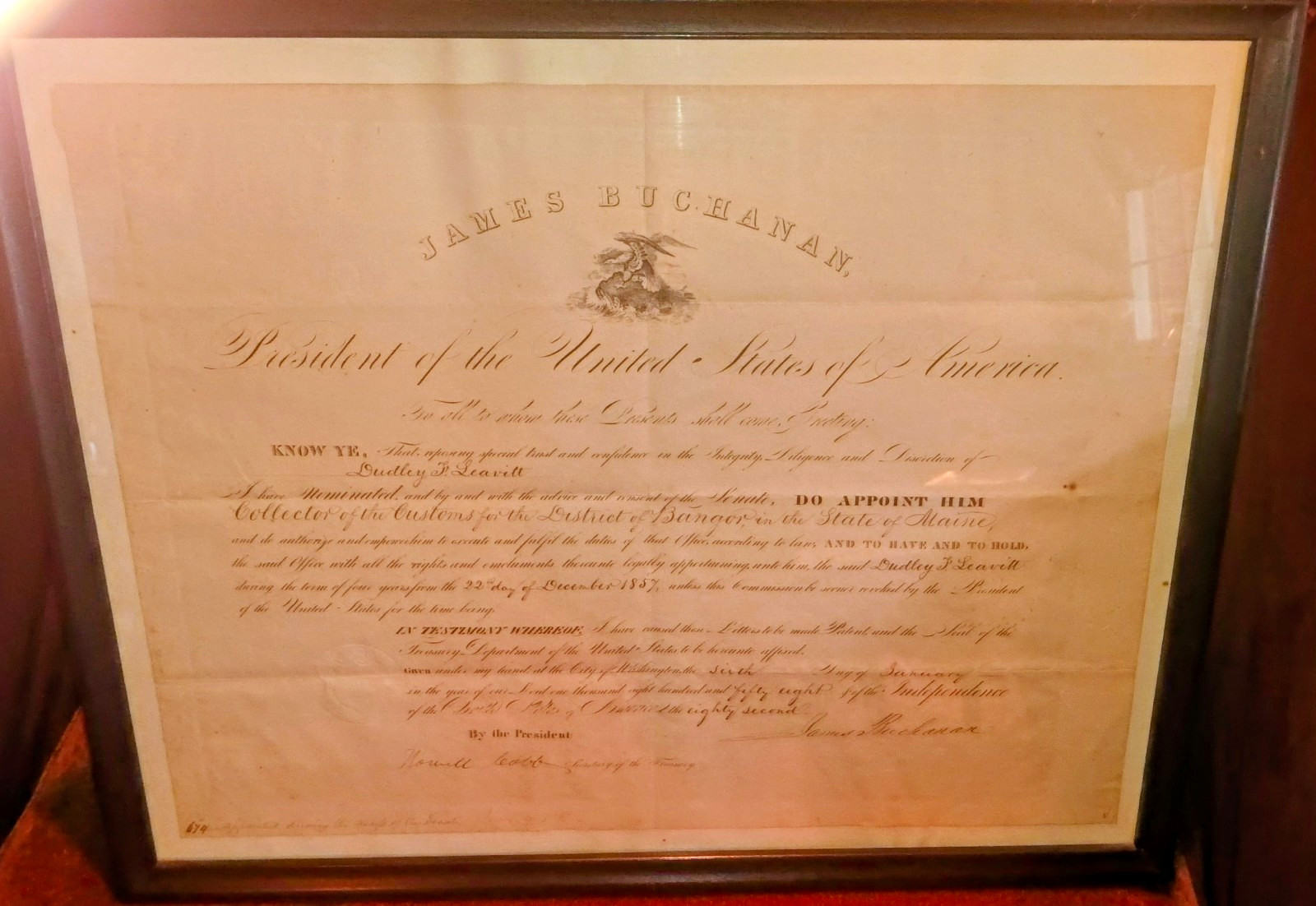 President James Buchanan Appointment Certif Dec 22nd. 1857 Signed The President President James Buchanan Appointment Certif Dec 22nd. 1857 Signed The President