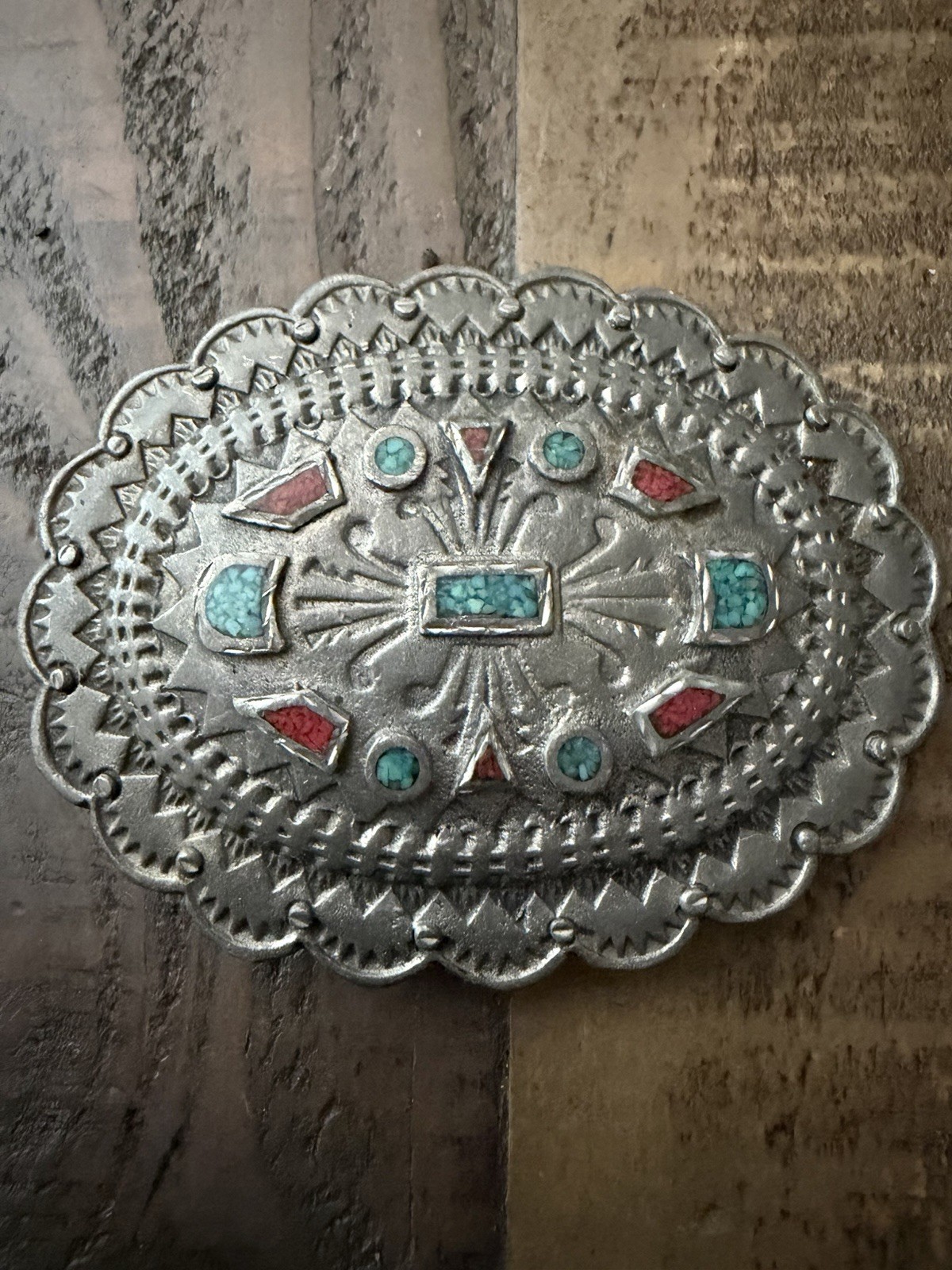  Vintage 1995 EJC Pewter Southwestern Belt Buckle: Coral & Turquoise Inlay