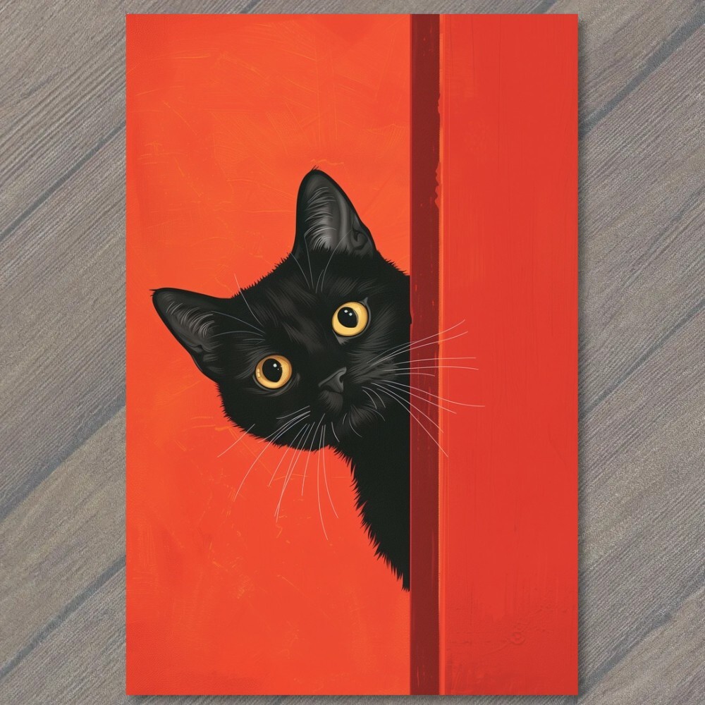 POSTCARD Black Cat Yellow Eyes Pet Red Background Painting Cute Fun Feline POSTCARD Black Cat Yellow Eyes Pet Red Background Painting Cute Fun Feline