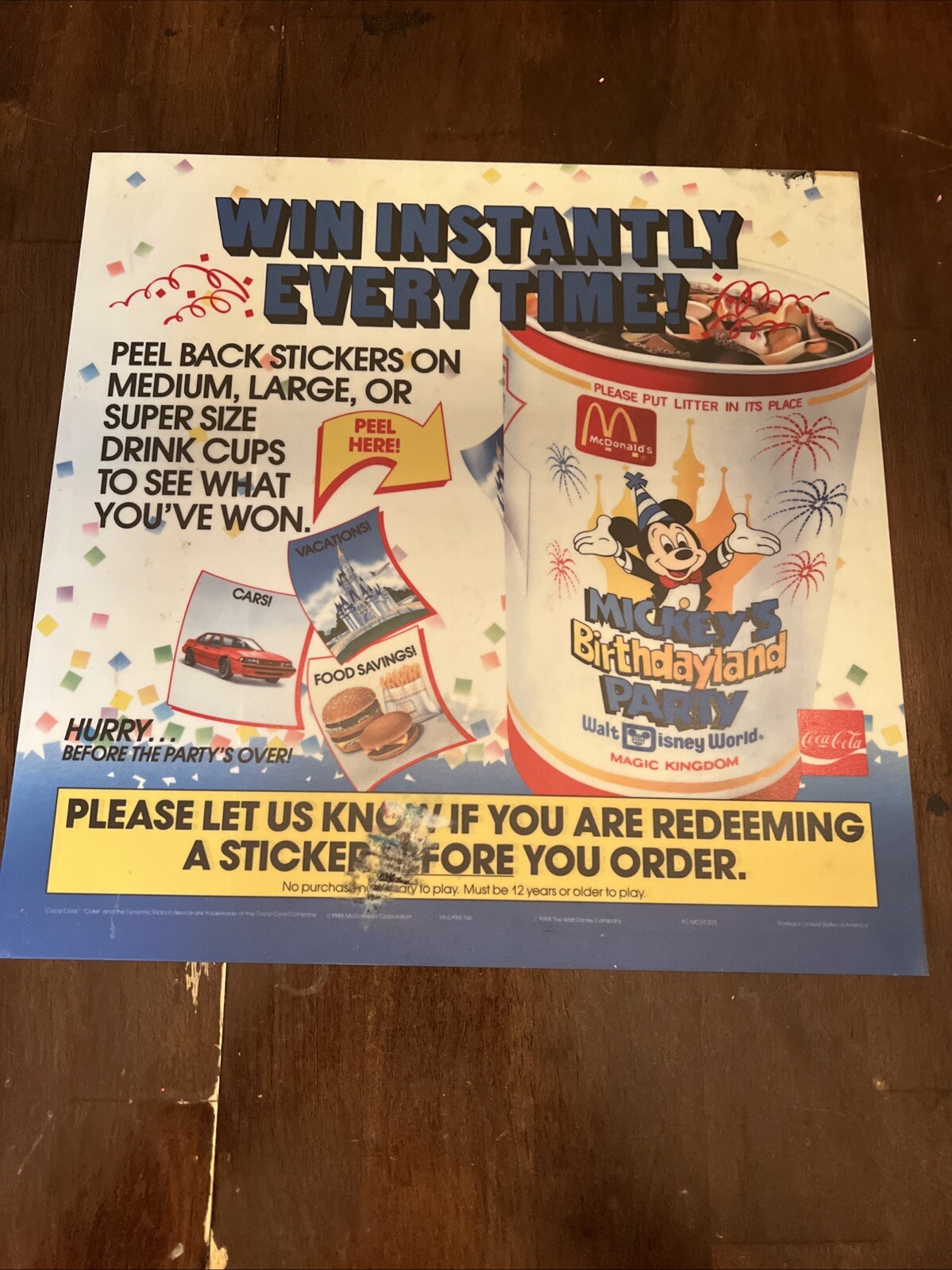 1988 MCDONALD\'S WALT DISNEY WORLD MICKEYS BIRTHDAYLAND HAPPY MEAL TRANSLITE SIGN 1988 MCDONALD\'S WALT DISNEY WORLD MICKEYS BIRTHDAYLAND HAPPY MEAL TRANSLITE SIGN