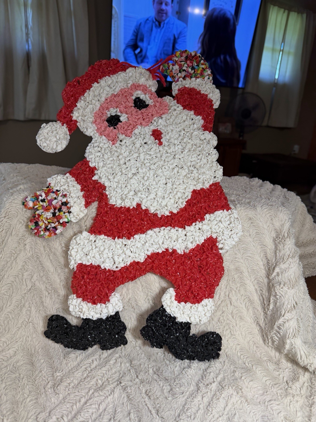 VTG Santa Claus Waving Melted Popcorn Plastic Christmas Decor Retro 19.75x11.75”