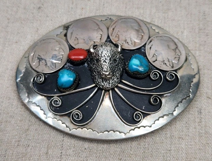 Stunning Vintage Nickel Silver Turquoise Buffalo Indian Head Nickel Belt Buckle