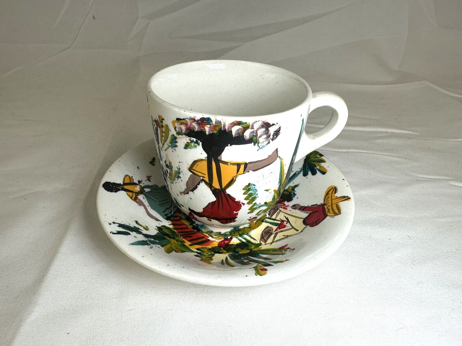 Vtg Hand Painted Mexico AnFlora Teacup & Saucer Pottery Lofisa Signed B11